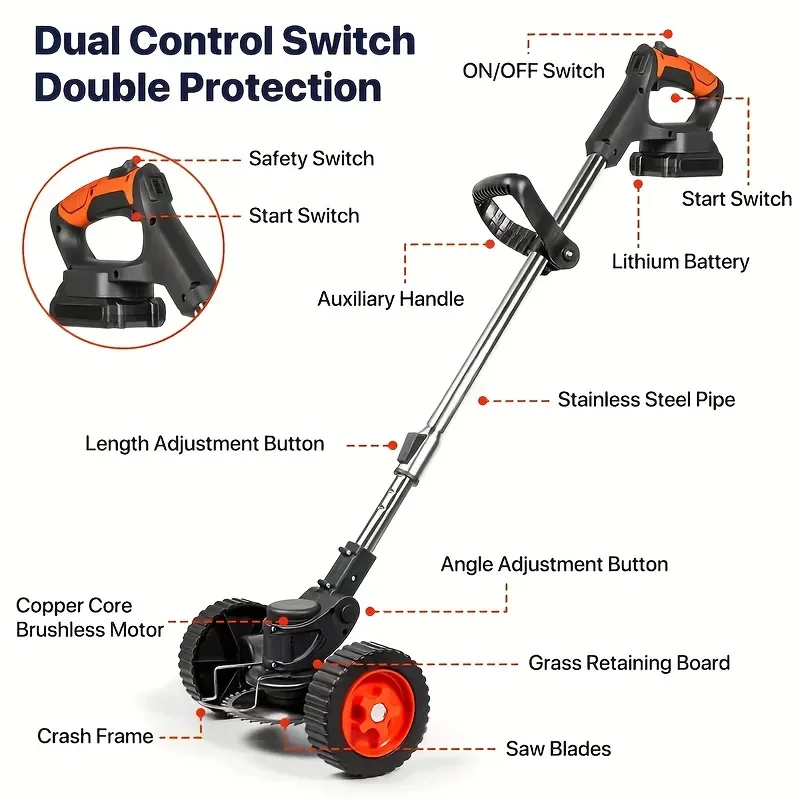 Wireless portable weed trimmer for lawn trimming. The trimmer is equipped with 2 lithium batteries and comes with replaceable bl Wireless portable weed trimmer for lawn trimming. The trimmer is equipped with 2 lithium batteries and comes with replaceable bl
