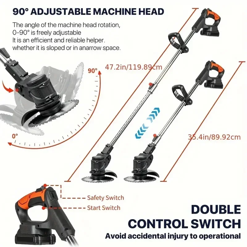 Wireless portable weed trimmer for lawn trimming. The trimmer is equipped with 2 lithium batteries and comes with replaceable bl Wireless portable weed trimmer for lawn trimming. The trimmer is equipped with 2 lithium batteries and comes with replaceable bl