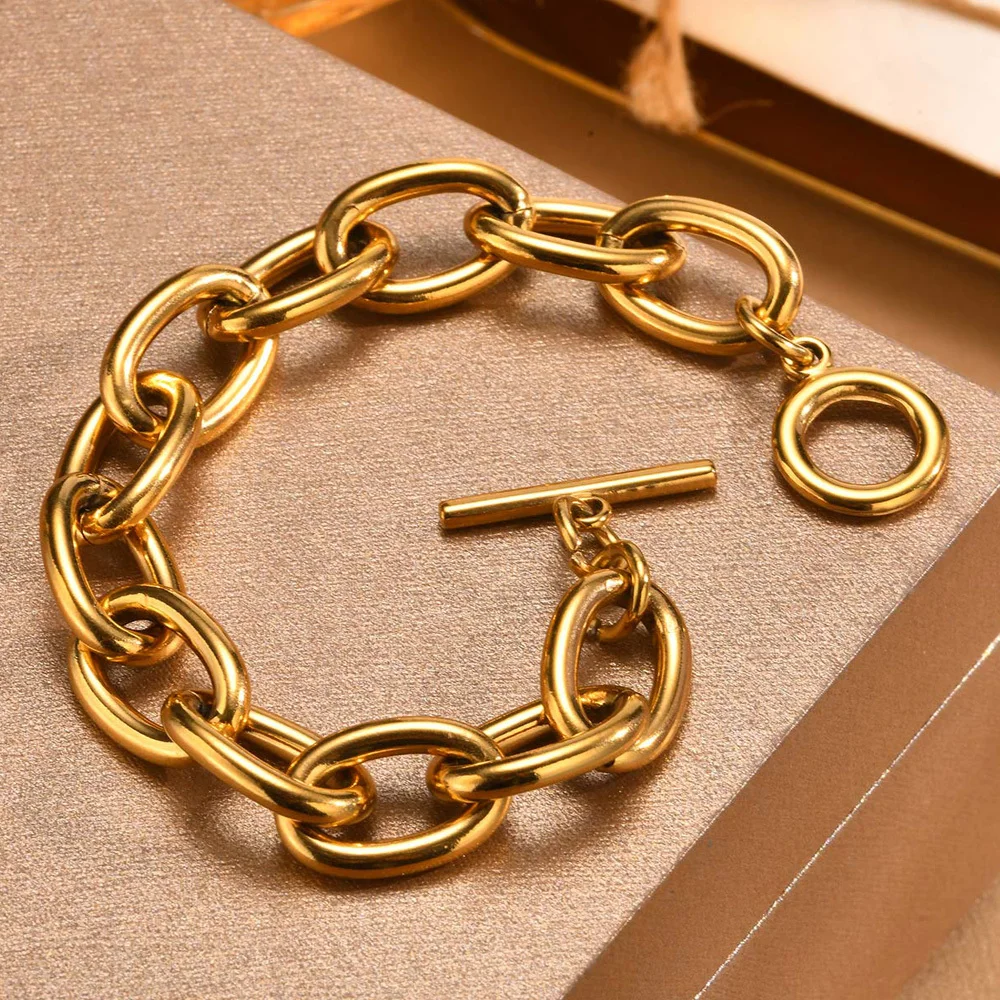 Chunky Bold Toggle Bracelets for Women, Stainless Steel OT Buckle Link Chain Bracelet Gold Plated Tarnish Free Chunky Bold Toggle Bracelets for Women, Stainless Steel OT Buckle Link Chain Bracelet Gold Plated Tarnish Free