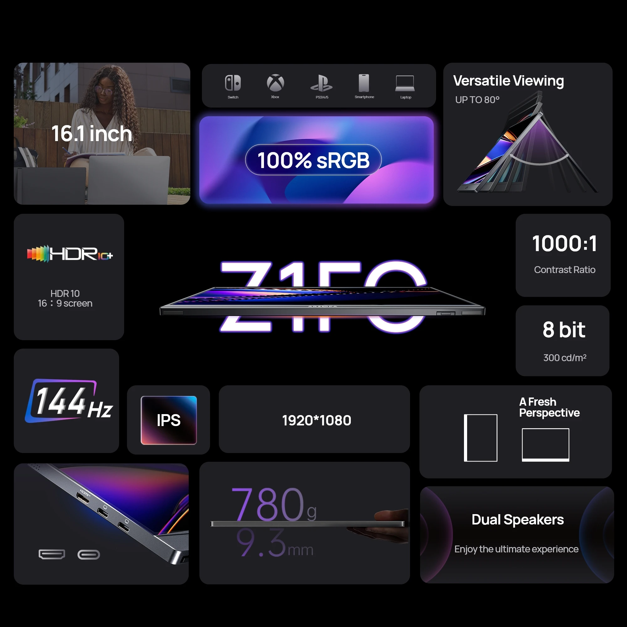 ARZOPA 16.1 inch 100% sRGB 144Hz Portable Monitor Gaming Laptop Display with Type C Mini HDMI For PS/Steam/Deck/Switch/PC/Mac ARZOPA 16.1 inch 100% sRGB 144Hz Portable Monitor Gaming Laptop Display with Type C Mini HDMI For PS/Steam/Deck/Switch/PC/Mac