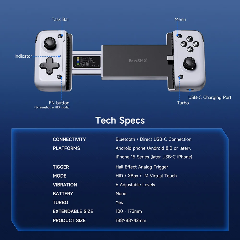 EasySMX M05 Type C Mobile Phone Controller Compatible with Android Phone/Cloud Gaming Xbox Game Pass/iPhone 15/16 Series/xCloud EasySMX M05 Type C Mobile Phone Controller Compatible with Android Phone/Cloud Gaming Xbox Game Pass/iPhone 15/16 Series/xCloud