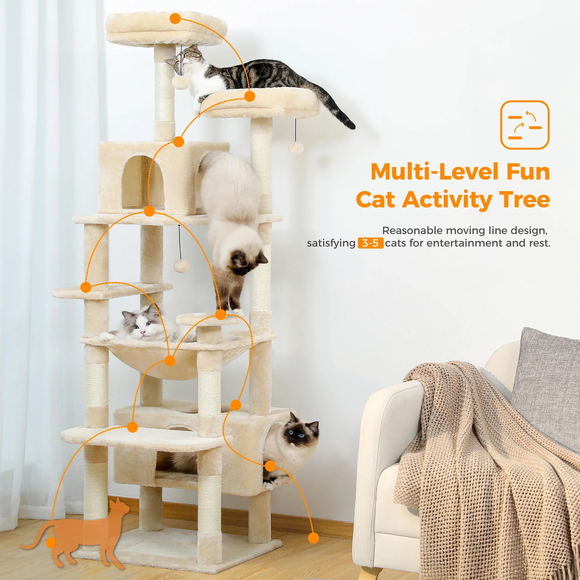 Large Cat Tree and Tower for Indoor Cats With Sisal-Covered Scratching Posts Spacious Hammock Padded Perches and Condos Cat Toys Large Cat Tree and Tower for Indoor Cats With Sisal-Covered Scratching Posts Spacious Hammock Padded Perches and Condos Cat Toys
